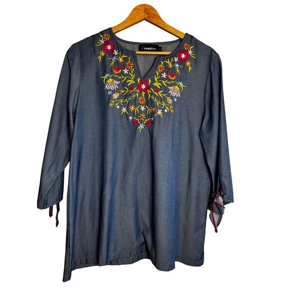 Creation Blue Embroidered Tie Sleeve Top Women’s Medium - Picture 1 of 6